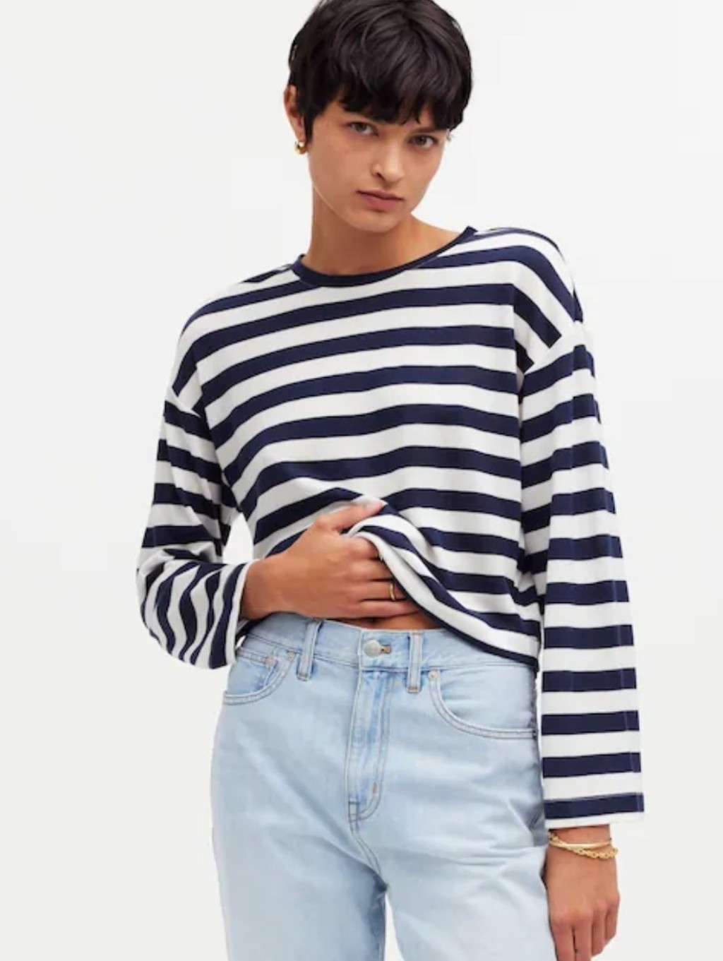 Madewell Drop Shoulder Pullover Crop Tee / Top In Stripe, Dark Nightfall, Xl